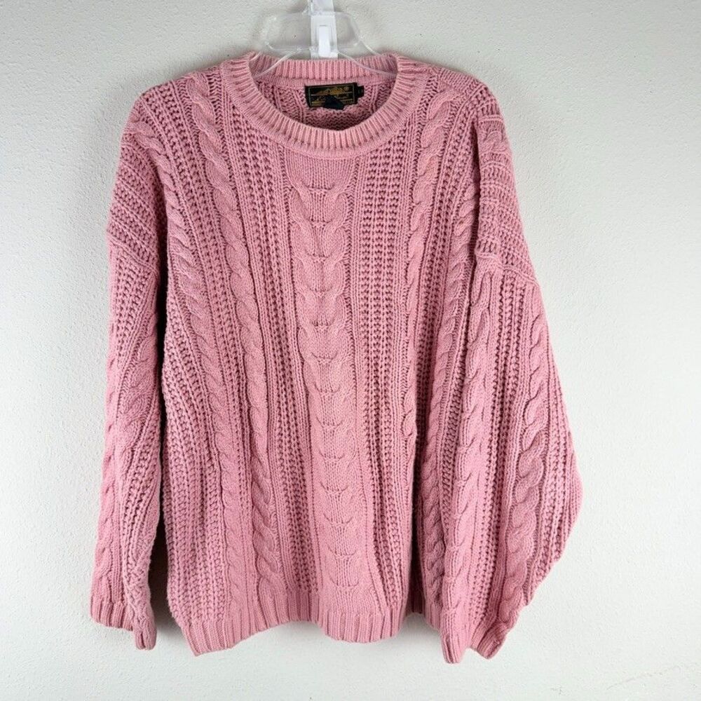 Vintage Eddie Bauer L Fisherman Cable Knit Sweater Pink Chunky Pullover 90s